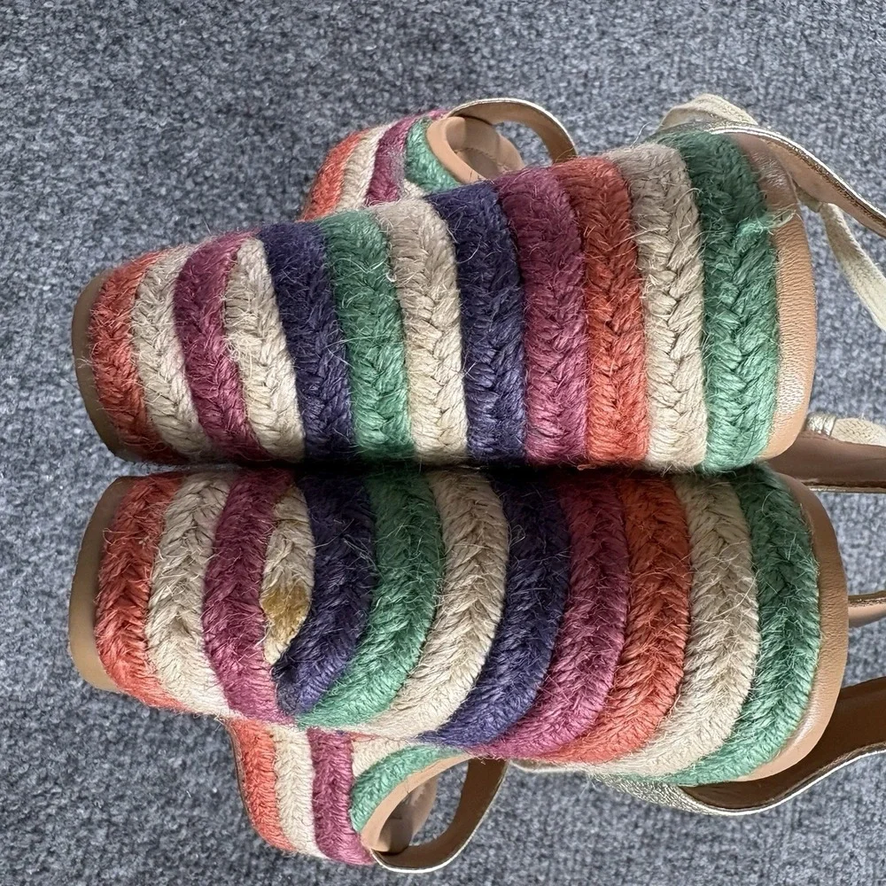 Kate Spade Gold Espadrille Wedge Sandals Women's 9M‎ Lace Up Rainbow Boho 5